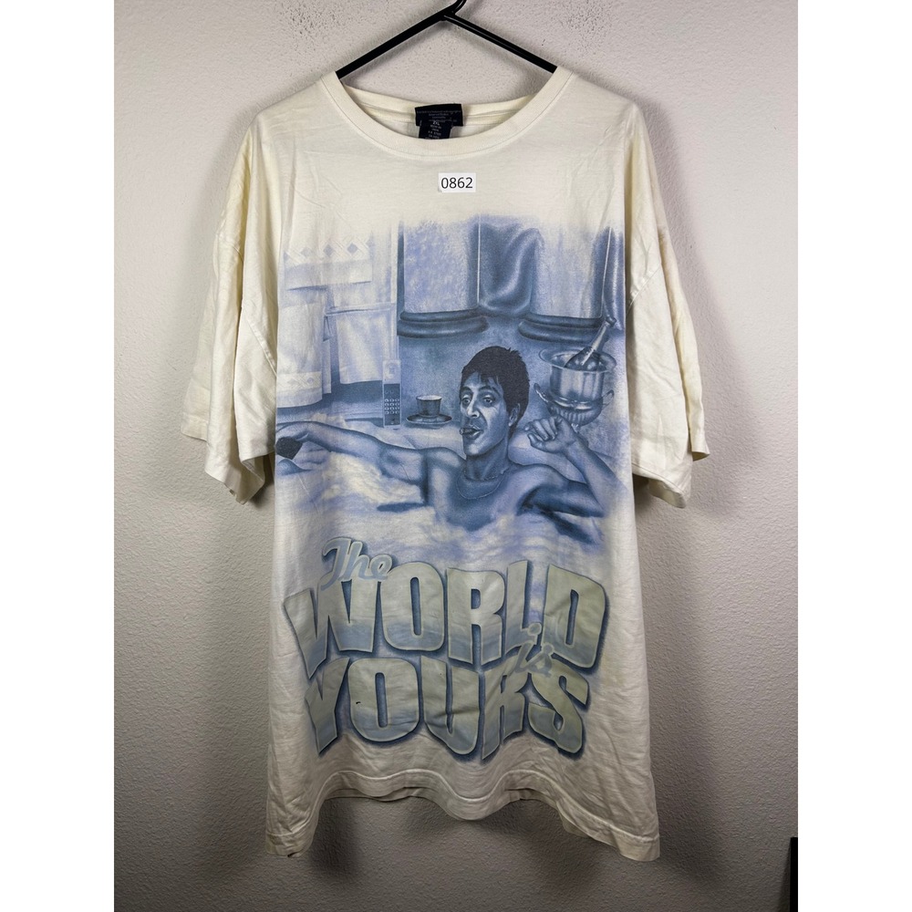 Vintage Scarface The World Is Yours Tony Montana Graphic T-Shirt Cream 2XL